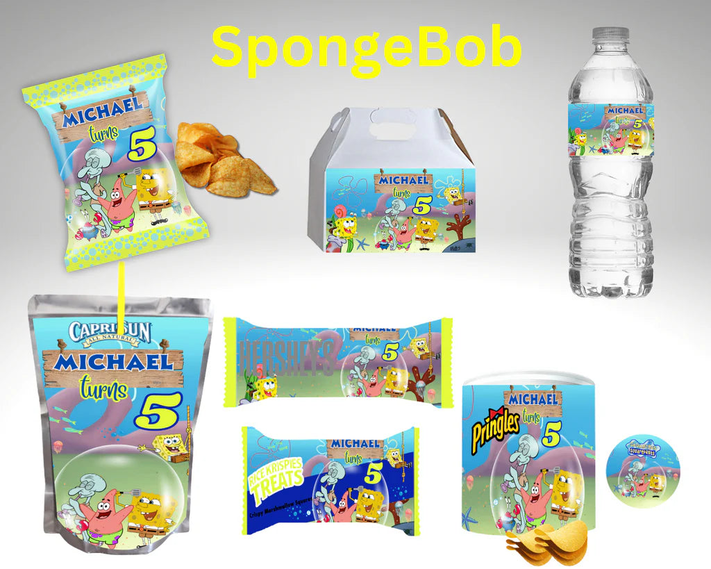 Sponge Bob Bundle Party Favor Canva Design & Templates (7 editable designs and templates)